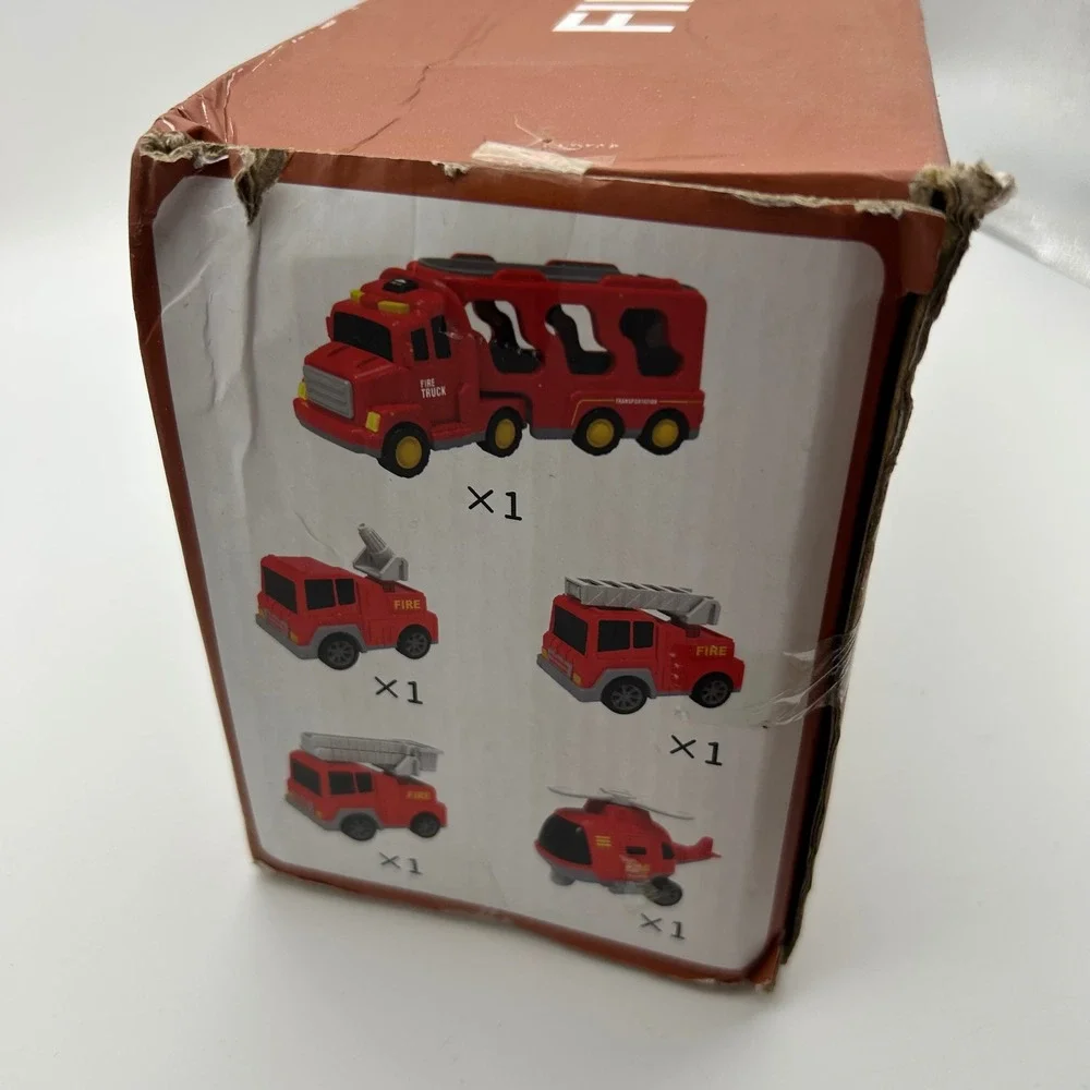 iHaHa Fire Truck Pull Back Car Series Toy Transporter Truck with 4 Mini Fire Veh